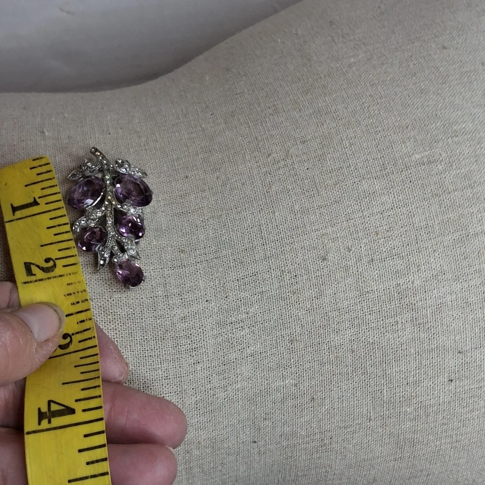 Vintage Floral Dress Clips Purple Rhinestones Enamel Leaf & Silver Tone Clip Lot